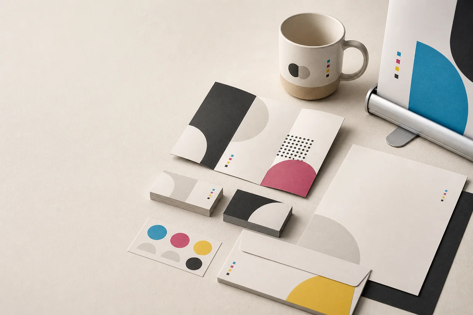 Premium printed stationery, brochure, cards, mug and display sample arranged in a studio